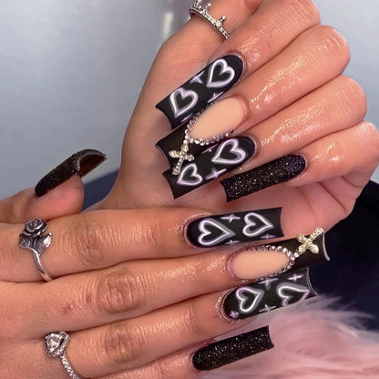 BABALAL Press on Nails Long Square Fake Nails Black Glue on Nails Purple Heart Cross Charm Design Goth Acrylic Nails 24Pcs Matte False Nails Manicure Bling Squoval Stick on Nails
