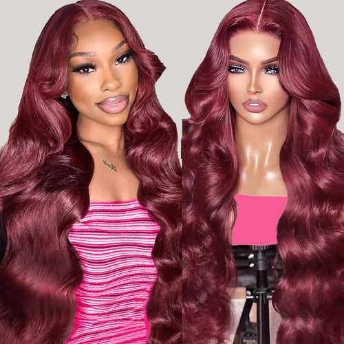 34 Inch 99j Burgundy Lace Front Wigs Human Hair 13x4 99j Body Wave Lace Front Wigs Human Hair Pre Plucked 180% Density Wine Red Colored Glueless HD Lace Frontal Wigs for Women Burgundy Body Wave Wig