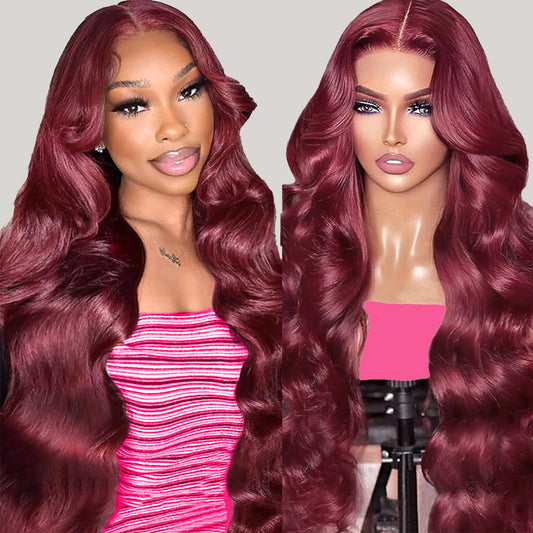 34 Inch 99j Burgundy Lace Front Wigs Human Hair 13x4 99j Body Wave Lace Front Wigs Human Hair Pre Plucked 180% Density Wine Red Colored Glueless HD Lace Frontal Wigs for Women Burgundy Body Wave Wig