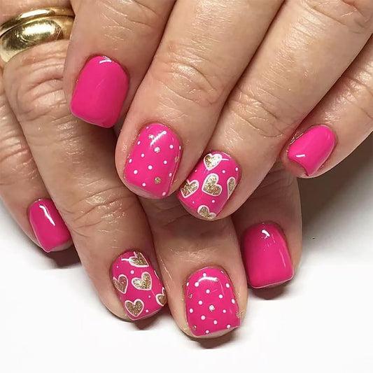 Golden Love Heart Fake Nails Rose Red Valentines Day Press on Nails Short Glue on Nails Solid Colors Acrylic Nails Square Stick on Nails Glossy Artificial Nails Valentines Nails for Women Decor