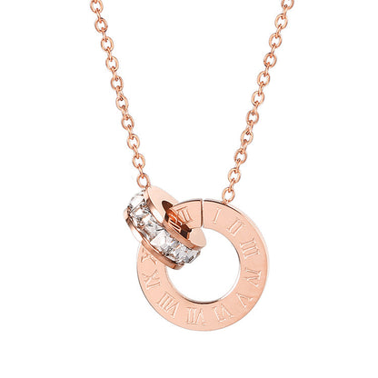 18K Rose Gold Titanium Steel Diamond Ring Necklace