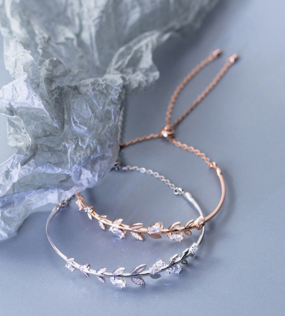 S925 Silver Adjustable Bracelet with Diamond Leaves