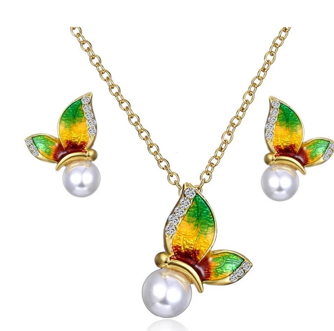 Butterfly Earring and Necklace Pendant Set with Pearls