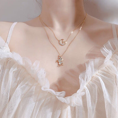Unicorn Necklace, Starry Moon Layered Pendant Gift