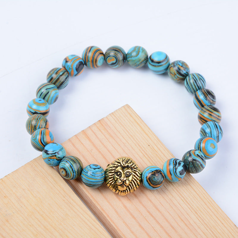 Beaded Bracelet with Blue Malachite Lion Head