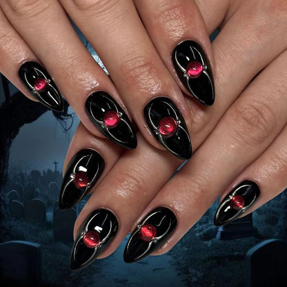 Almond Press on Nails Halloween Fake Nails Black False Nails with Red Spider Rhinestones Design Reusable Acrylic Nails Glossy Stick on Nails for Women Girls Halloween Cosplay Party Manicure 24Pcs