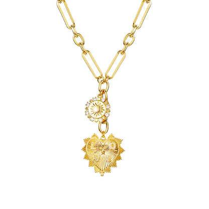 Sun Heart Charm Choker Necklace for Women Men18k Gold Plated With Zircons Inlaid PendantsThick Chunky Paperclip Chain Hip Hop Necklace Unisex JewelryCuban Link Chain for Women Trendy（Heart）