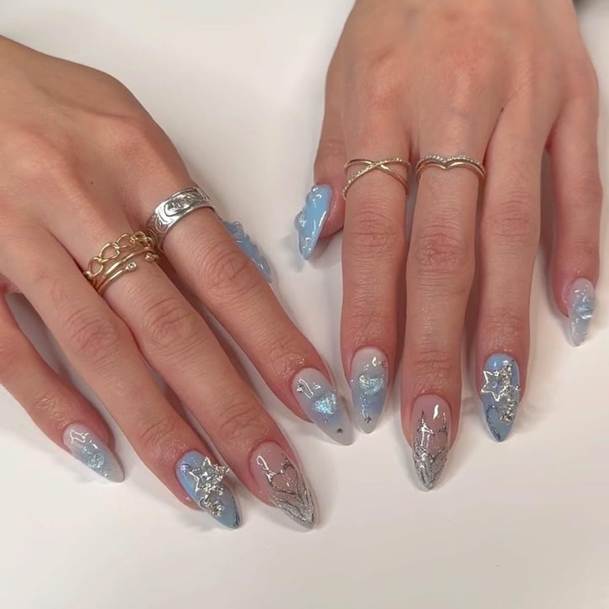 Press on Nails Almond Medium Fake Nails Gradient Blue False Nails with Star Heart Charms Design Stick on Nails Full Cover Glue on Nails Y2k Acrylic Nails Artificial Nails for Women Manicure 24Pcs
