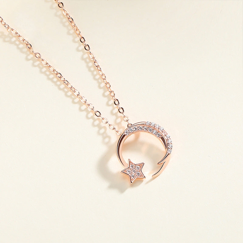 S925 Silver Star and Moon Pendant Necklace