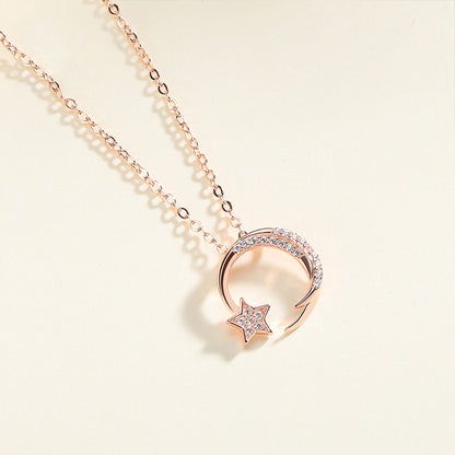 S925 Silver Star and Moon Pendant Necklace