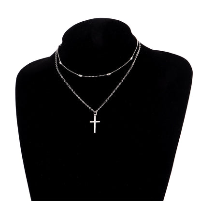 Stylish Cross Pendant Necklace with Geometric Layered Chain