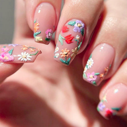 Medium Press on Nails 3D Colorful Flowers Fake Nails Square Acrylic Nails Press ons Glossy Glue on Nails Spring Nude False Nails Cute Artificial Nails Full Cover Stick on Nails for Women 24 Pcs