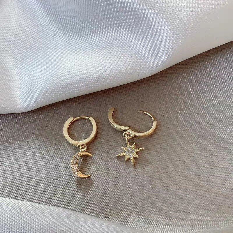 S925 Silver Asymmetrical Star Moon Earrings with Diamonds