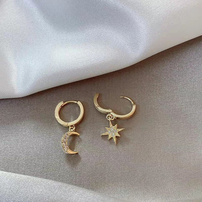 S925 Silver Asymmetrical Star Moon Earrings with Diamonds