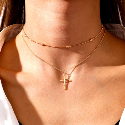 Stylish Cross Pendant Necklace with Geometric Layered Chain