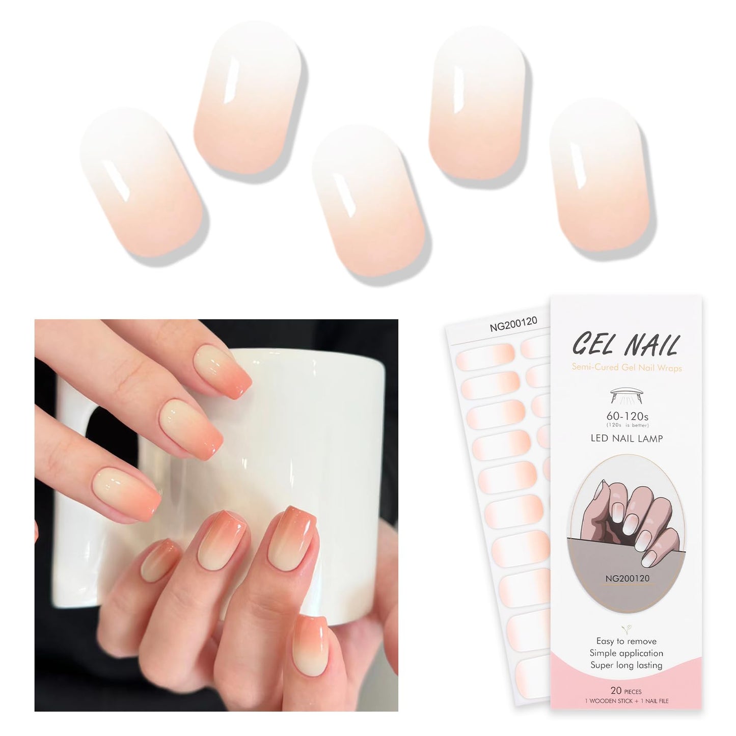 Semi Cured Gel Nails Strips 20 PCS Gel Nail Stickers Nail Polish Strips Gel Nail Wraps UV for Home Nails DIY Salon Quality & Easy to Use