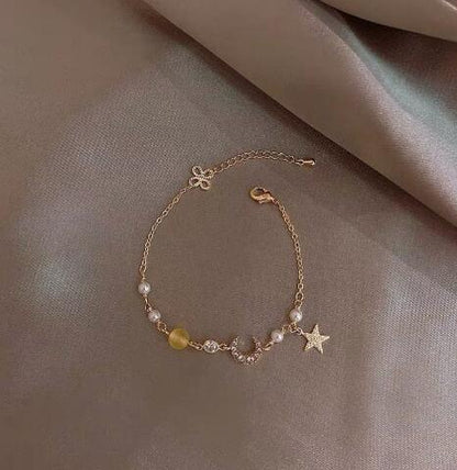 S925 Silver Bracelet with Zirconia, Pearl, Stars & Moon