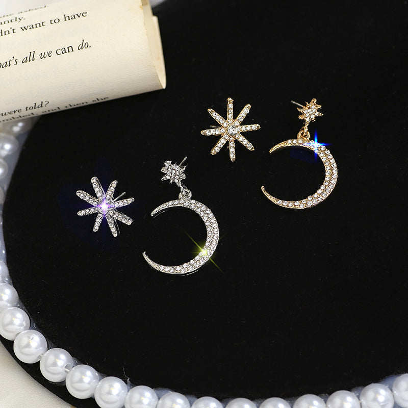 925 Silver Star and Moon Earrings with Asymmetrical Design