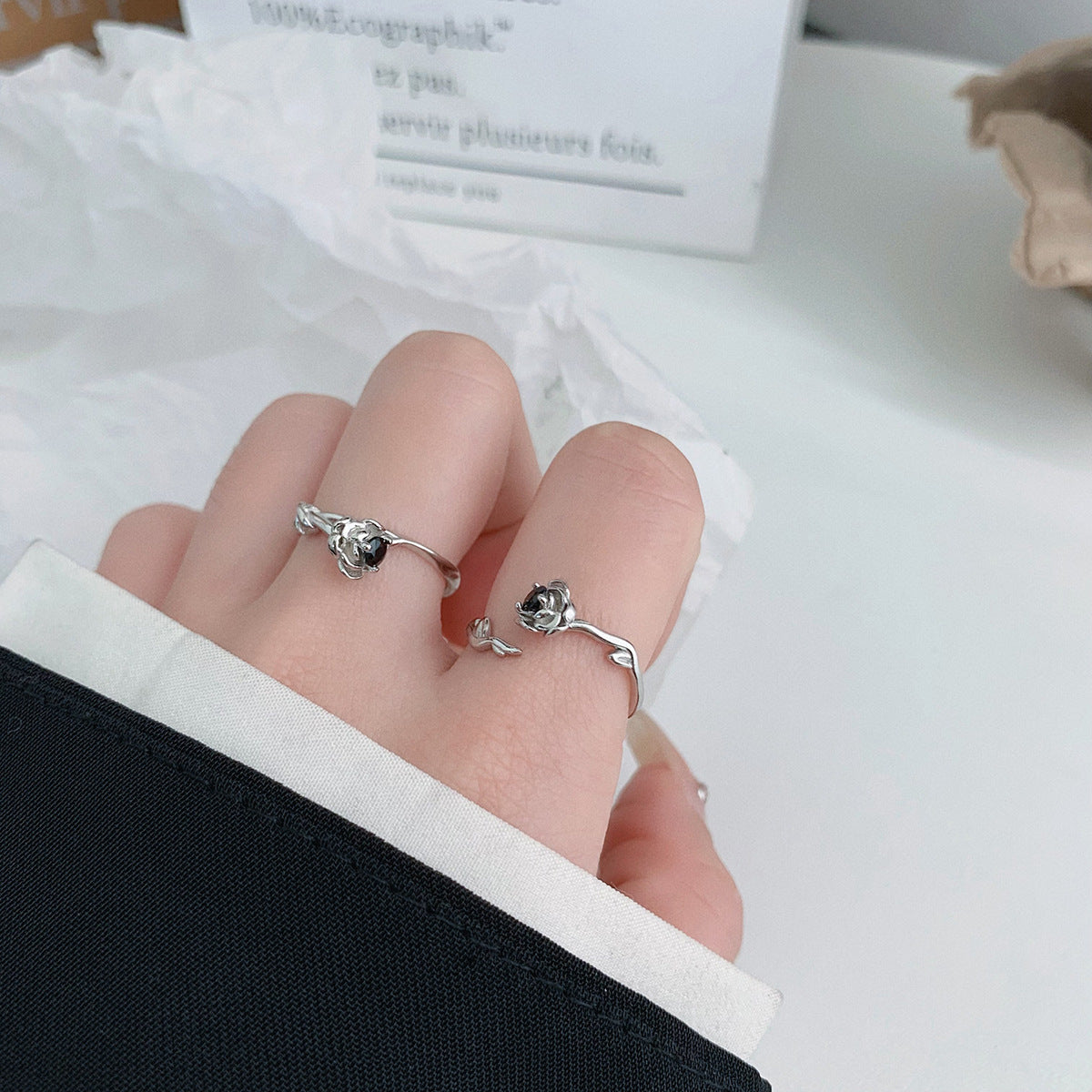 S925 Silver Black Diamond Flower Open Ring for Women