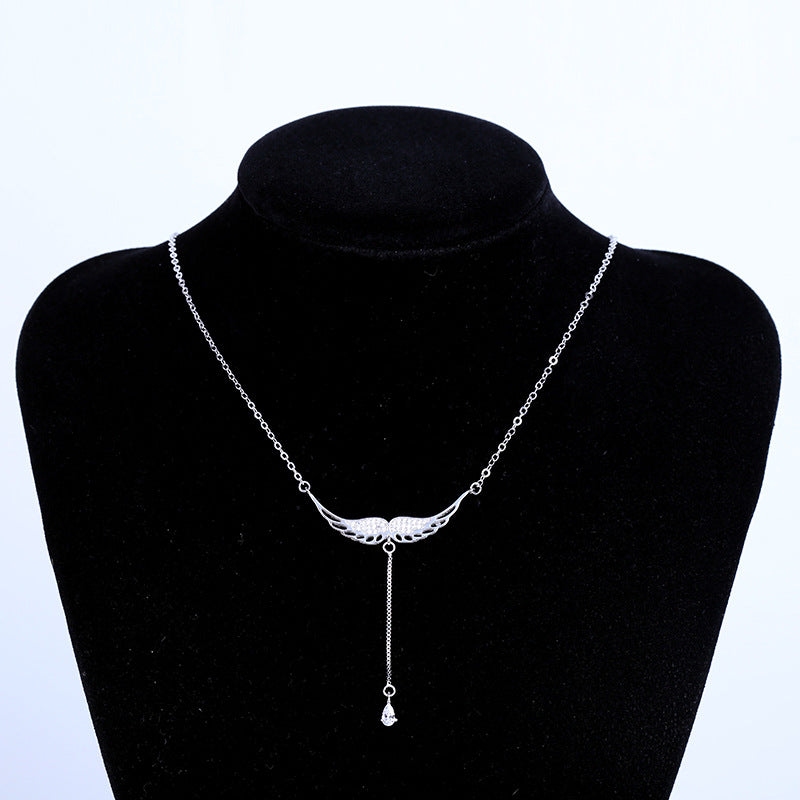 S925 Silver Angel Wings Pendant Necklace with Zirconia