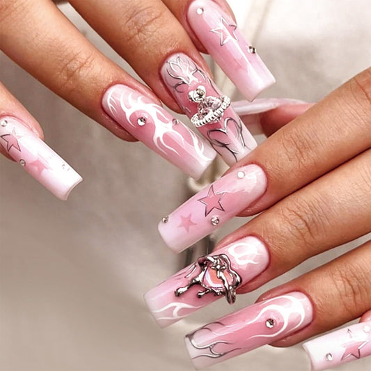 SINHOT Long Press on Nails Square Pink Fake Nails Glossy Glue on Nails Flames Acrylic Nails Squoval Artificial Nails 3D Rhinestones Stick on False Nails with Design 24 pcs