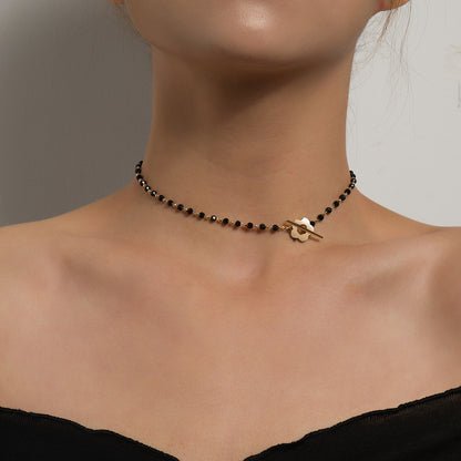 Black Crystal Glass Bead Chain Short Flower Necklace