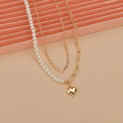 Golden Love Heart Faux Pearl Double Layer Necklace
