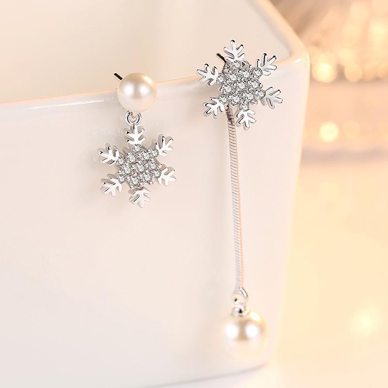 S925 Silver Korean Style Pearl Snowflake Earrings