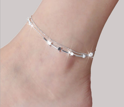 Silver Double Layer Star and Heart Charm Anklet