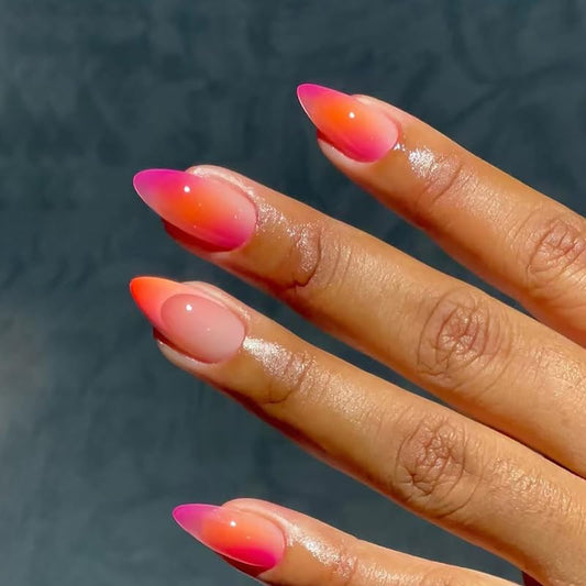 Short Press on Nails French Tip Fake Nails Almond Shape Glue on Nails Gradient Colorful Acrylic Nails Rainbow Artificial Nails Cute Full Cover False Nails Glossy Stick on Nails for Women Girls 24Pcs