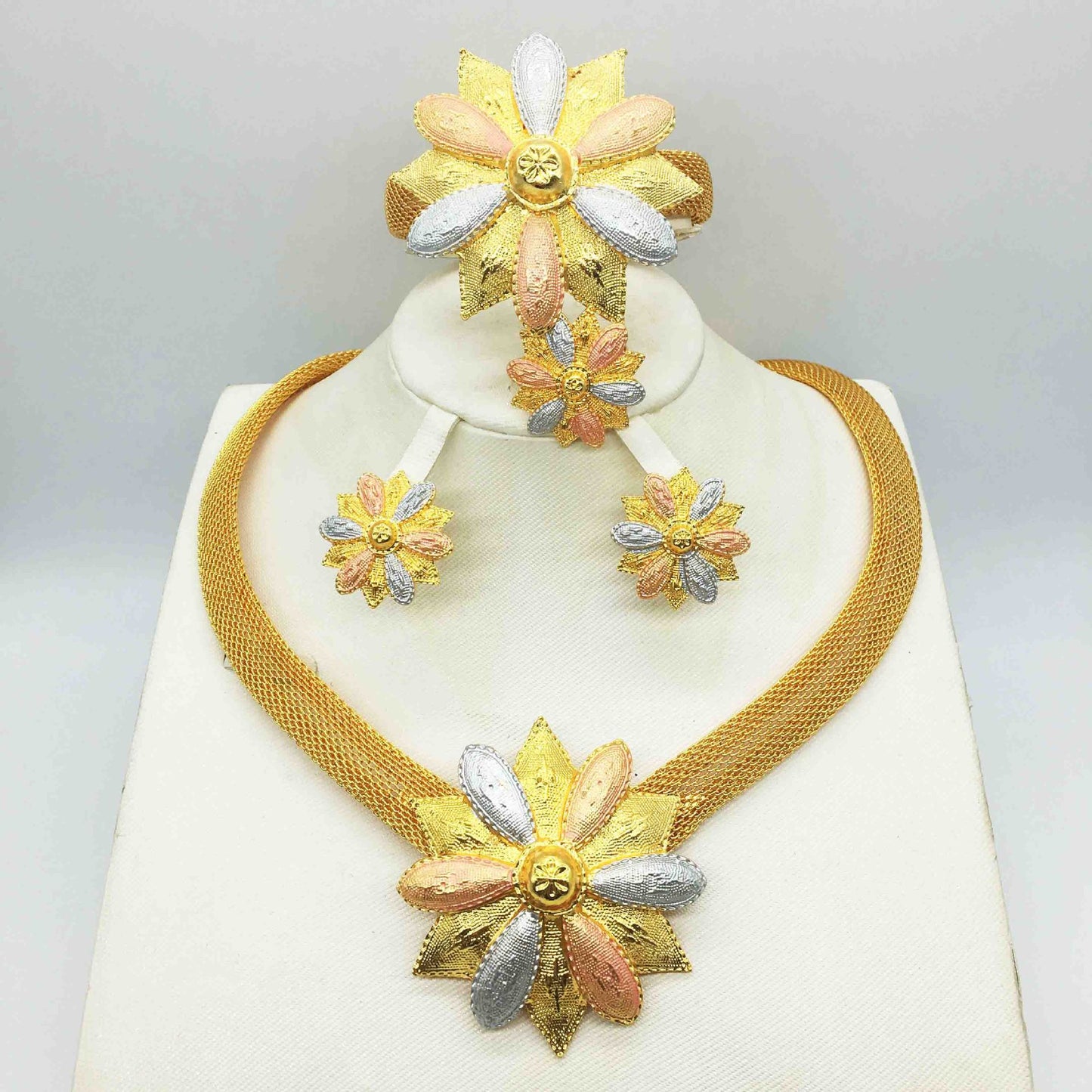 24K Gold-Plated Jewelry Set: Necklace, Bracelet, Ring, Earrings