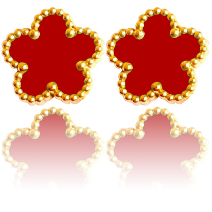 14K Gold Four Leaf Clover Stud Earrings for Women Lucky Flower Jewelry (Red-14K Gold)