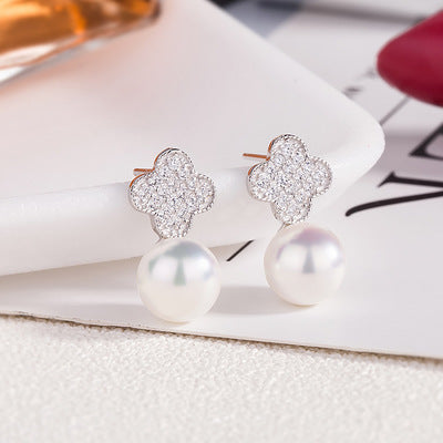 Korean Style Clover Pearl Earrings with S925 Silver