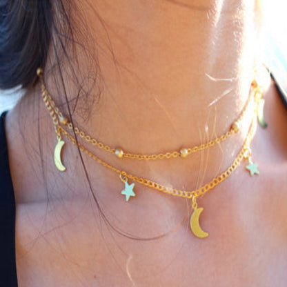 Double Layer Moon Star Beaded Choker Necklace