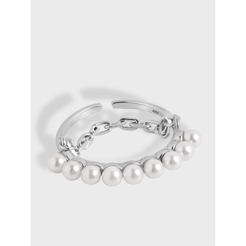 S925 Silver Ring with Pearl Chain for Women
