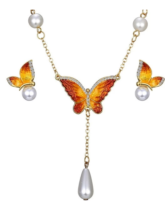 Butterfly Earring and Necklace Pendant Set with Pearls