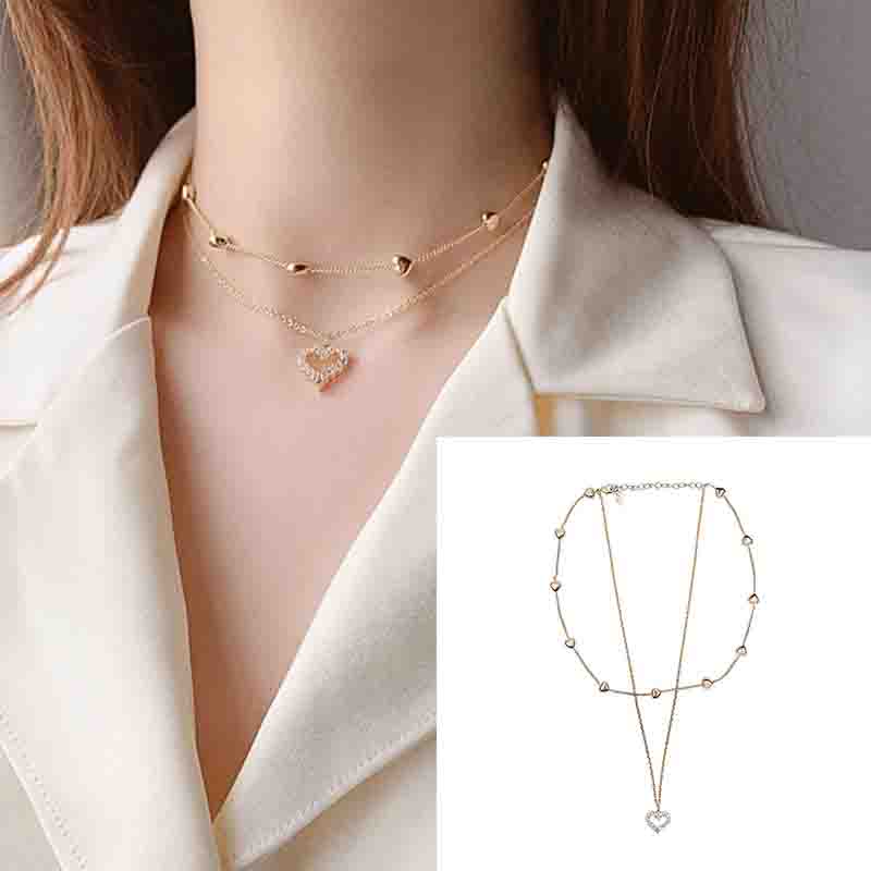 Layered Heart Diamond Necklace, Stylish Collar Chain