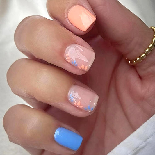 Extra Short Press On Nails，Short Glue On Nails Nails Press Ons Square Short Fake Nails Glossy Blue False Nails with Small Floral Press ons Designs Artificial Nails Stick on Nails for Women 24Pcs