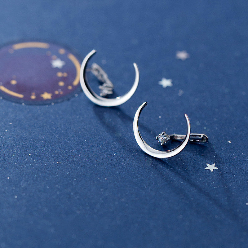 S925 Silver Earrings with Crescent Moon and Star Design