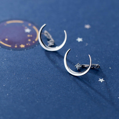 S925 Silver Earrings with Crescent Moon and Star Design