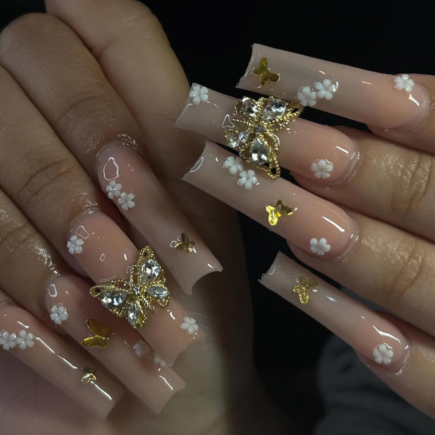 BABALAL Long Square Press on Nails Nude Fake Nails Gold Butterfly Charm Acrylic Nails 24Pcs Flower Glue ons Nails Coquette Manicure Squoval False Nails