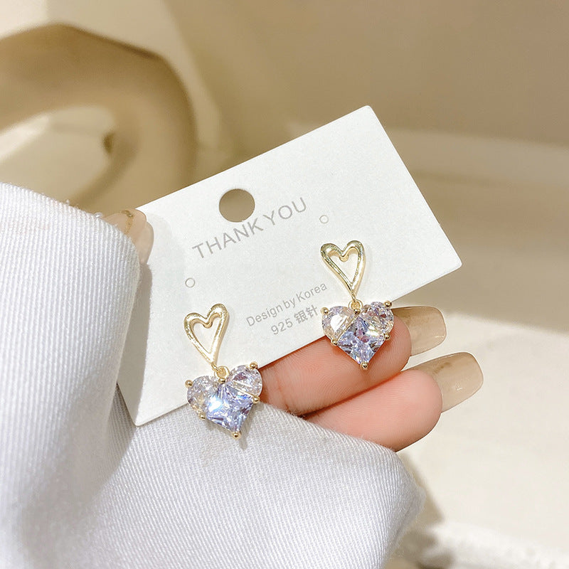 Korean Heart Zircon Stud Earrings in S925 Silver