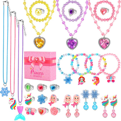 Kids Play Jewelry Sets Princess Toys for Girls 4-6 29 Pcs Little Girl Costume Jewelry Unicorn Necklaces Bracelets Rings Earrings Toddler Dress Up Jewel Birthday Gifts Pretend Play Party Favor