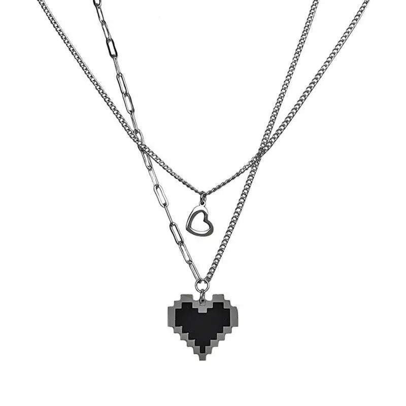 Heart-Shaped Punk Pendant Necklace with Double Layer Chain