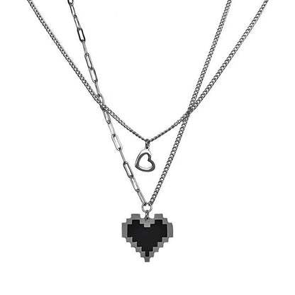 Heart-Shaped Punk Pendant Necklace with Double Layer Chain