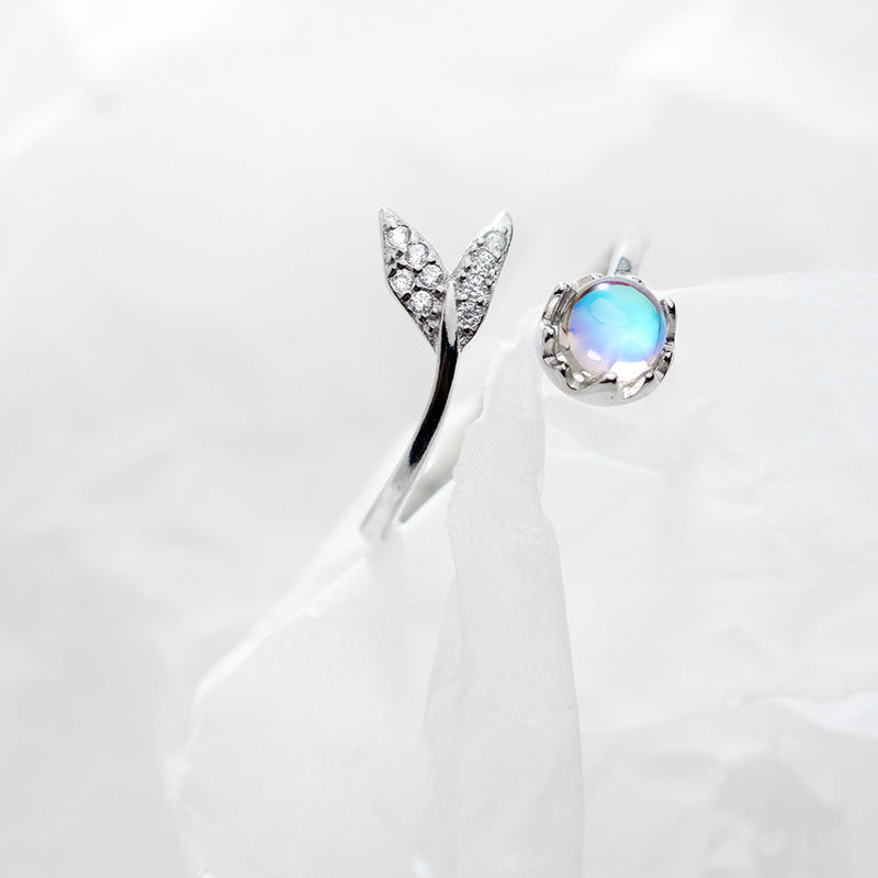S925 Silver Adjustable Fish Tail Ring with Gems
