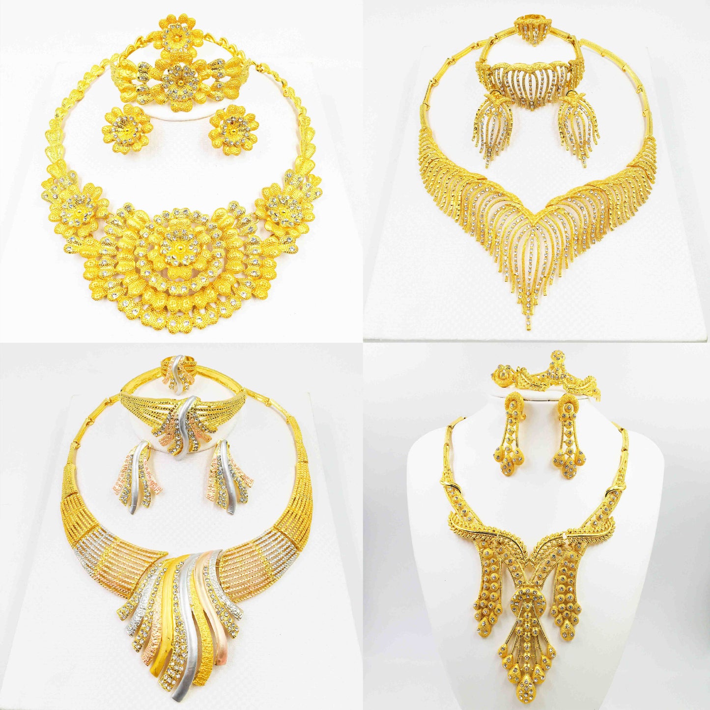 24K Gold Alloy Jewelry Set: Necklace, Bracelet, Ring, Earrings