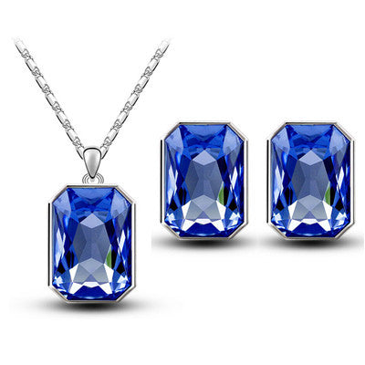 Crystal Pendant Rectangular Bride Necklace & Earring Set