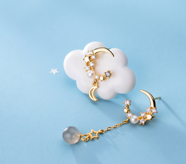 S925 Silver Earrings with Asymmetric Star and Moon Design