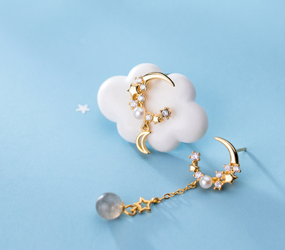 S925 Silver Earrings with Asymmetric Star and Moon Design